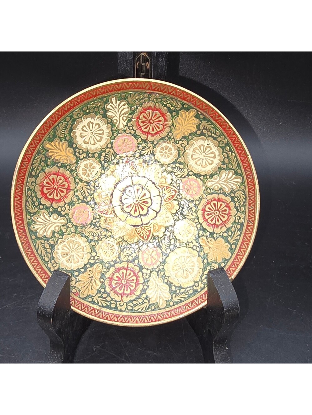 Vintage Kashmiri Papier Mache Wall Plate 5" Painted Brass Base Floral India